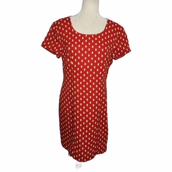 VINTAGE 90s dress red polka dot short sleeve sheath M - Picture 1 of 10